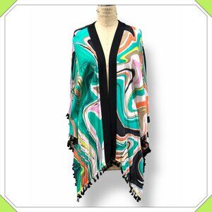 TRINA TURK Blue-Green & Pink Abstract Nazare Open Kimono Cover-Up - Size OS